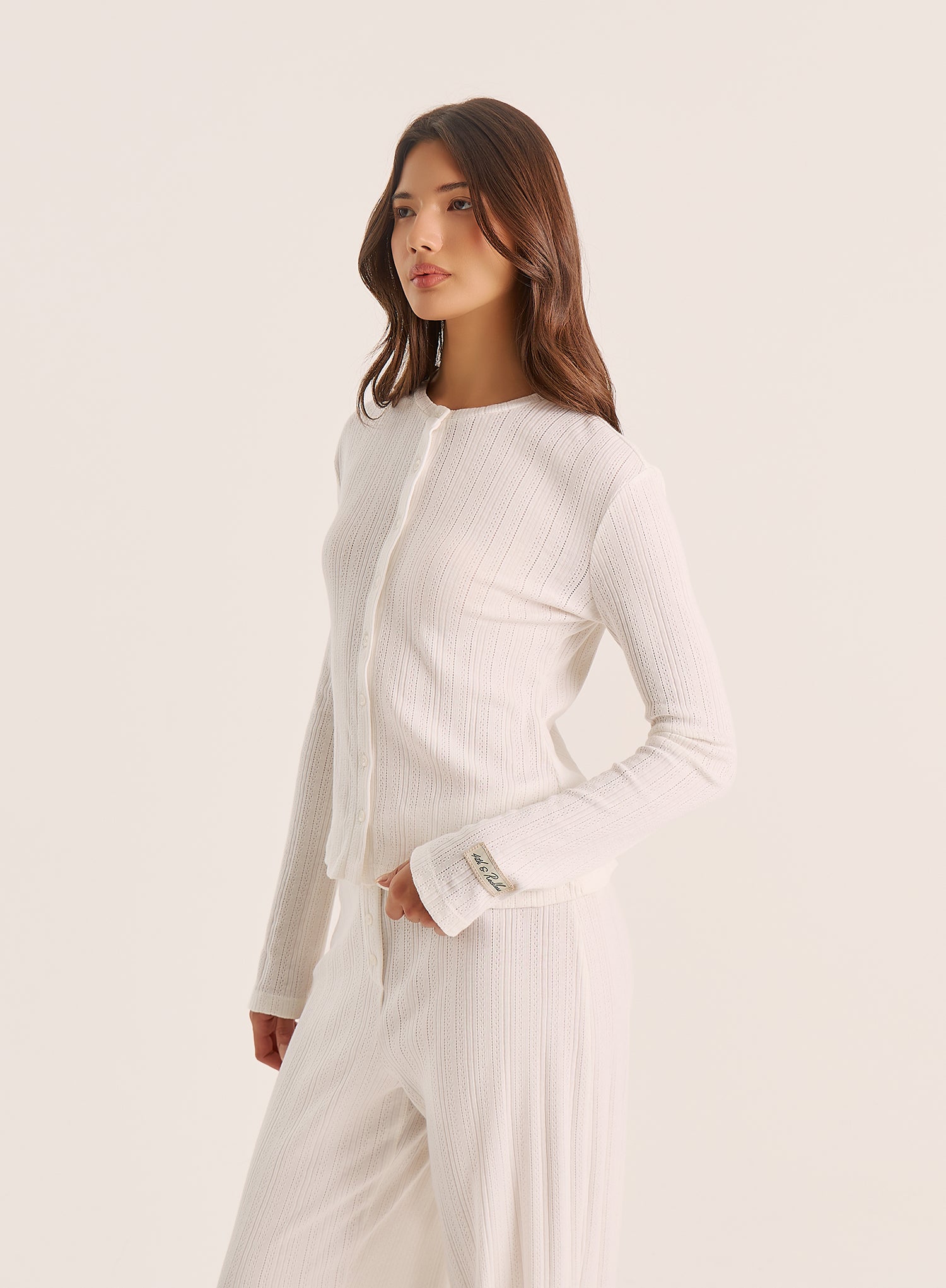 Ecru Pointelle Long Sleeve Buttoned Top